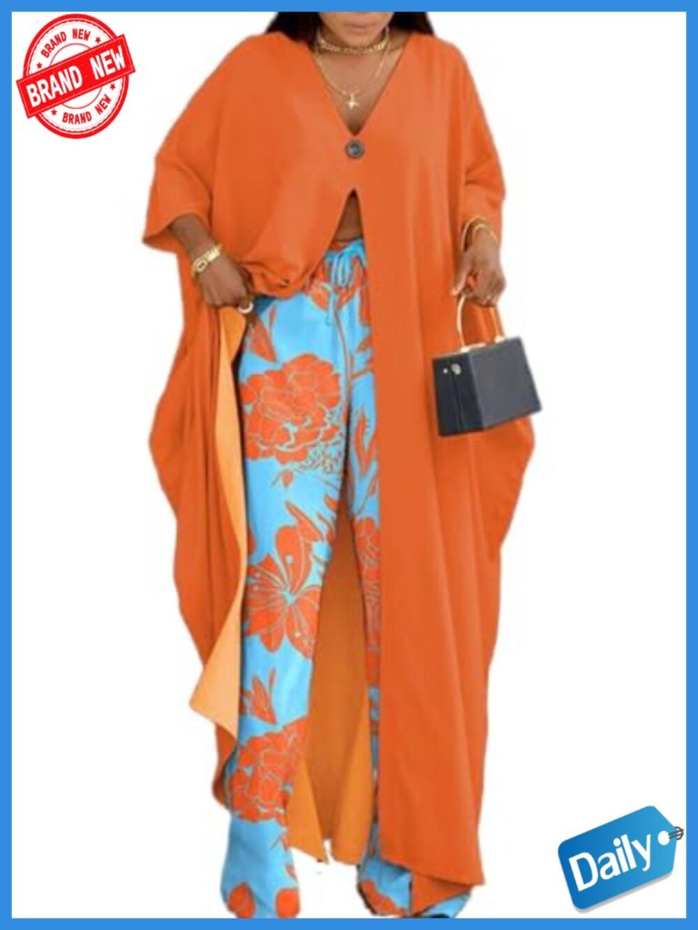 Plus Size 2 Piece African Floral Pant Set with 3/4 Sleeve Cardigan